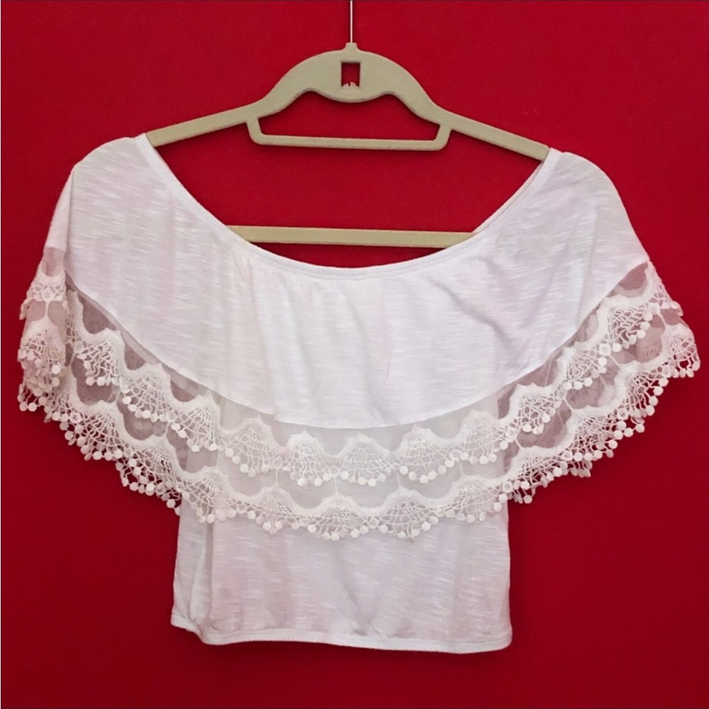 LF Emma & Sam lace trim off the shoulder crop top
